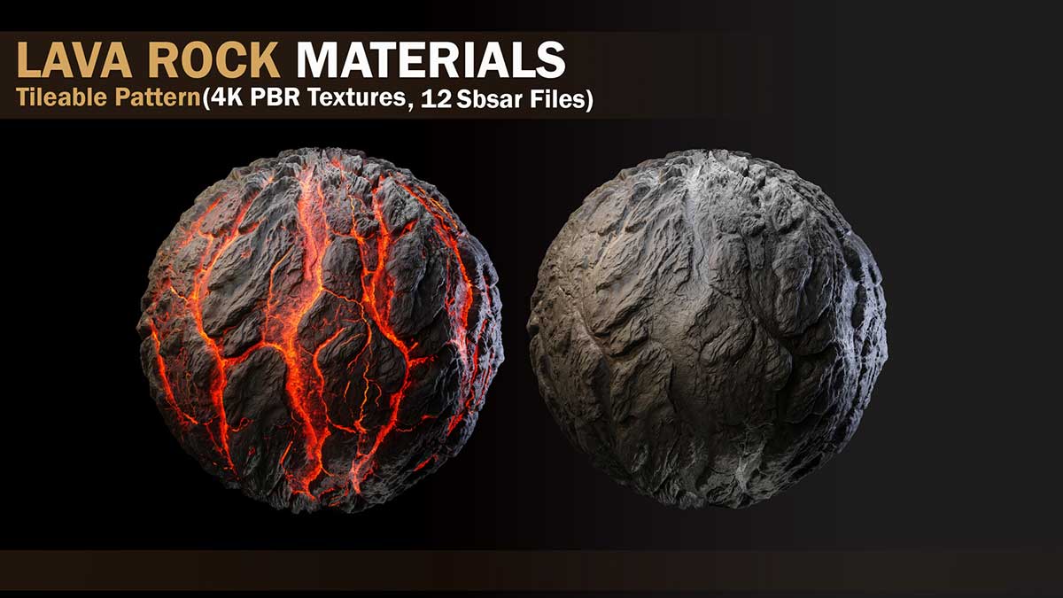 6种4K岩浆熔岩PBR贴图材质火山熔岩材质贴图(PNG,sbsar) 6 LAVA ROCK MATERIALS