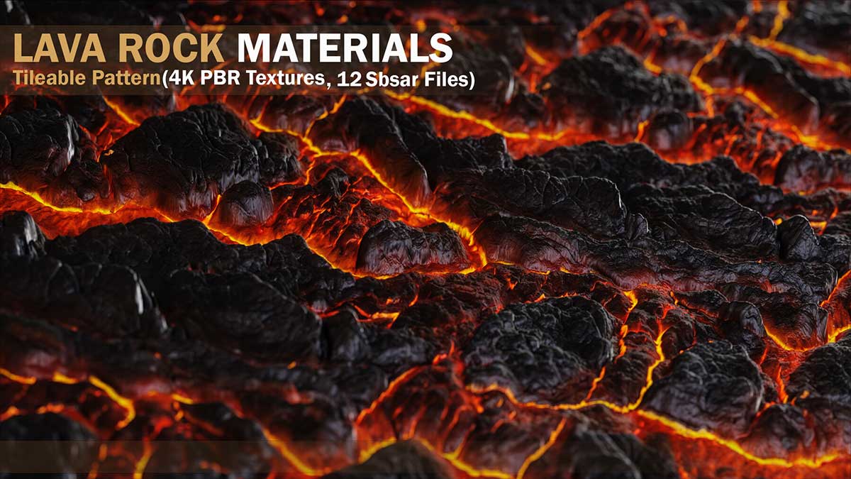6种4K岩浆熔岩PBR贴图材质火山熔岩材质贴图(PNG,sbsar) 6 LAVA ROCK MATERIALS