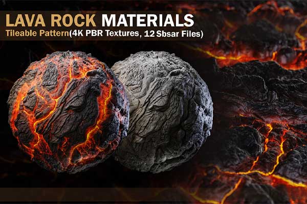 6种4K岩浆熔岩PBR贴图材质火山熔岩材质贴图(PNG,sbsar) 6 LAVA ROCK MATERIALS