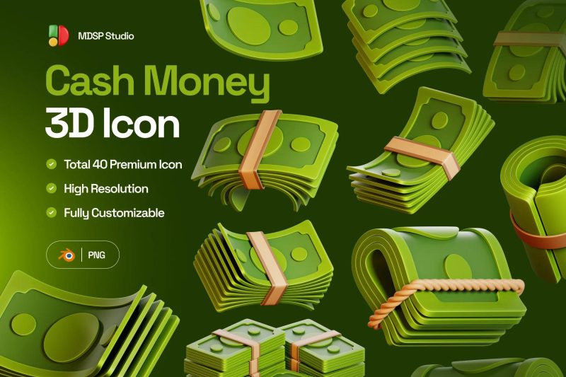 40种Blender卡通现金纸币金融交易主题图标3D模型素材(Blender,PNG) 40 Cash Money 3D Icon Set