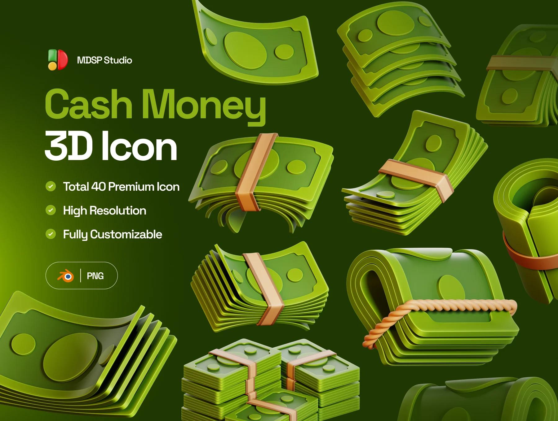 40种Blender卡通现金纸币金融交易主题图标3D模型素材(Blender,PNG) 40 Cash Money 3D Icon Set
