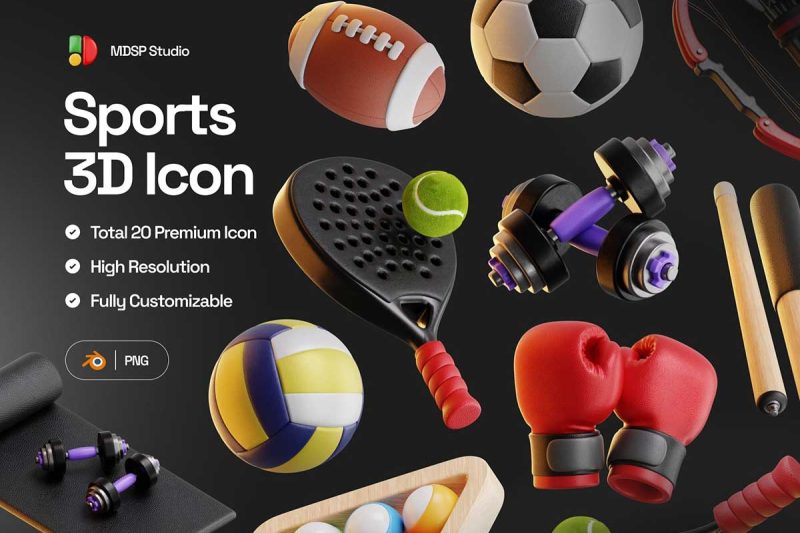 20个Blender体育运动主题3D图标模型素材下载(Blender,PNG) Sports 3D Icon Set