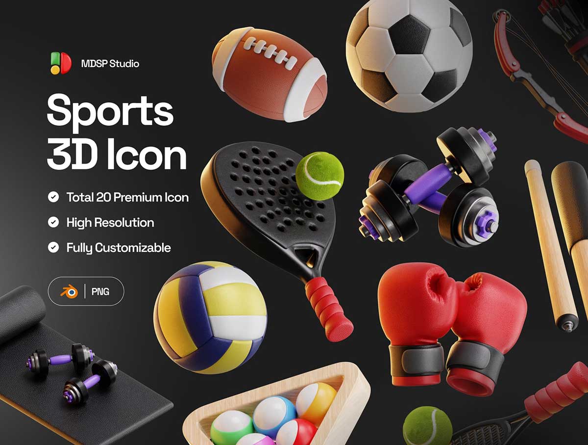 20个Blender体育运动主题3D图标模型素材下载(Blender,PNG) Sports 3D Icon Set