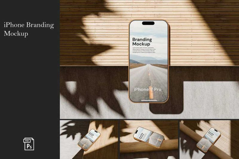 4款真实木制背景iPhone 17手机PSD样机素材 Realistic iPhone Branding Mockup