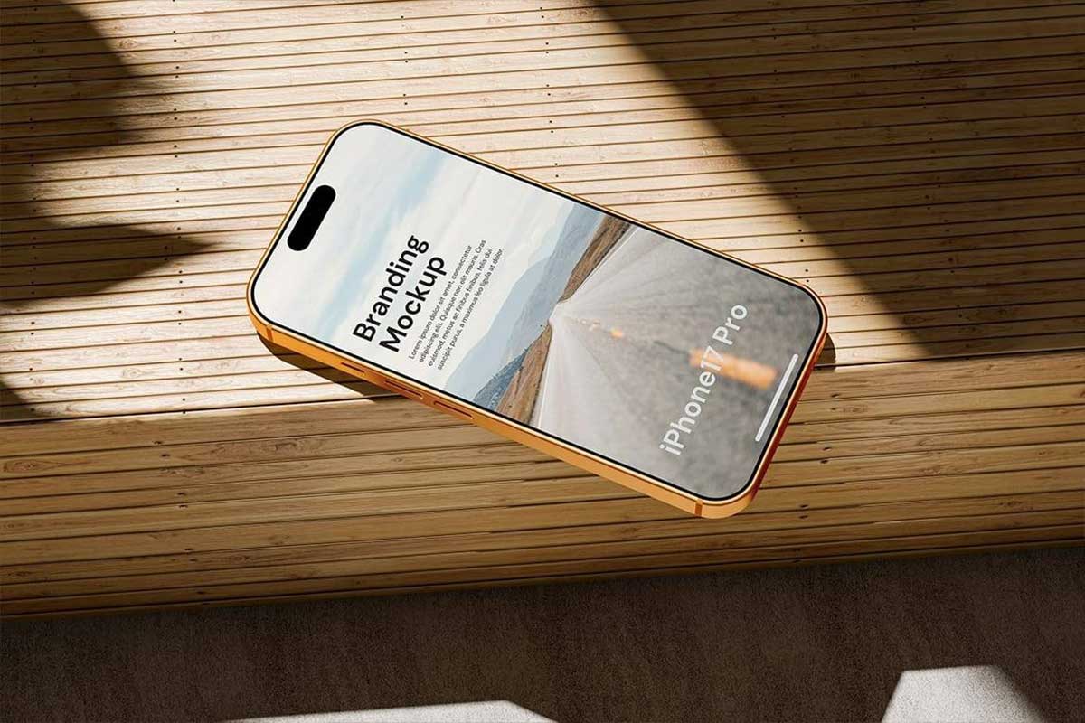 4款真实木制背景iPhone 17手机PSD样机素材 Realistic iPhone Branding Mockup