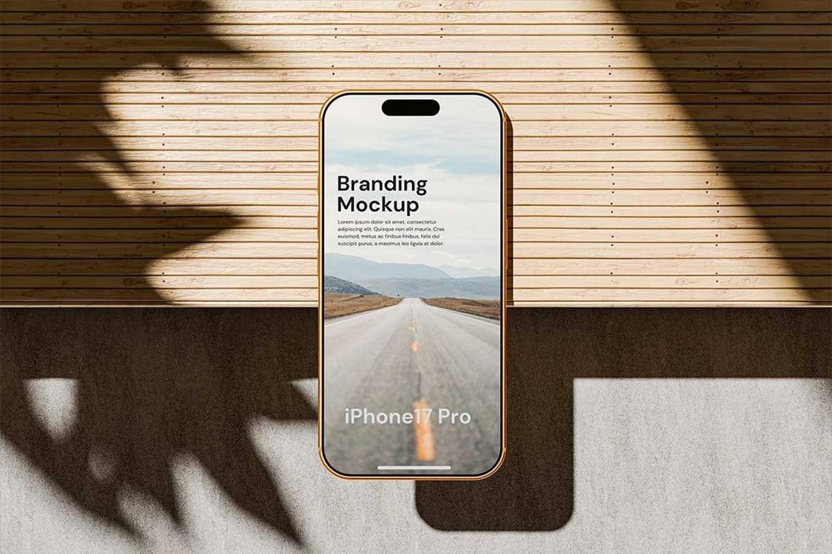 4款真实木制背景iPhone 17手机PSD样机素材 Realistic iPhone Branding Mockup