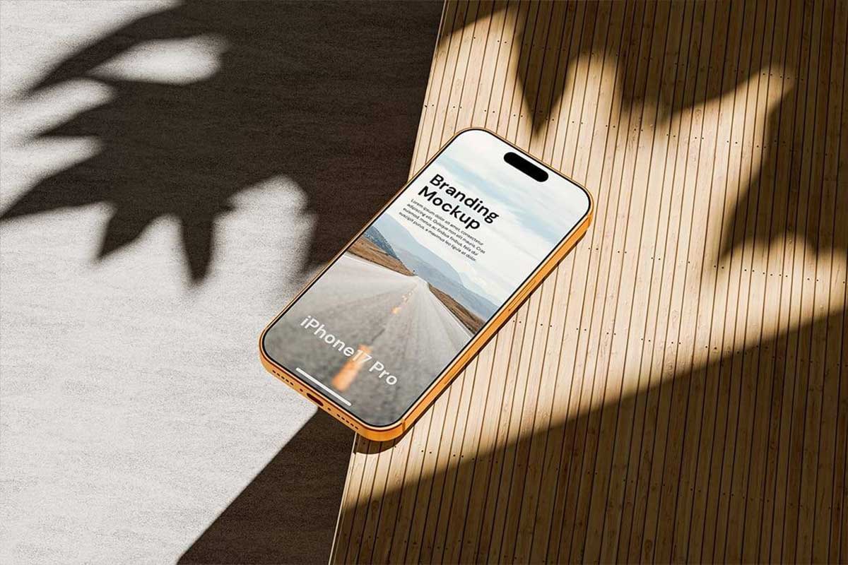 4款真实木制背景iPhone 17手机PSD样机素材 Realistic iPhone Branding Mockup