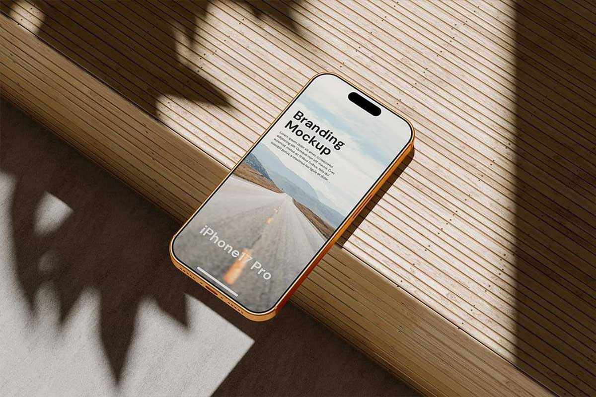 4款真实木制背景iPhone 17手机PSD样机素材 Realistic iPhone Branding Mockup
