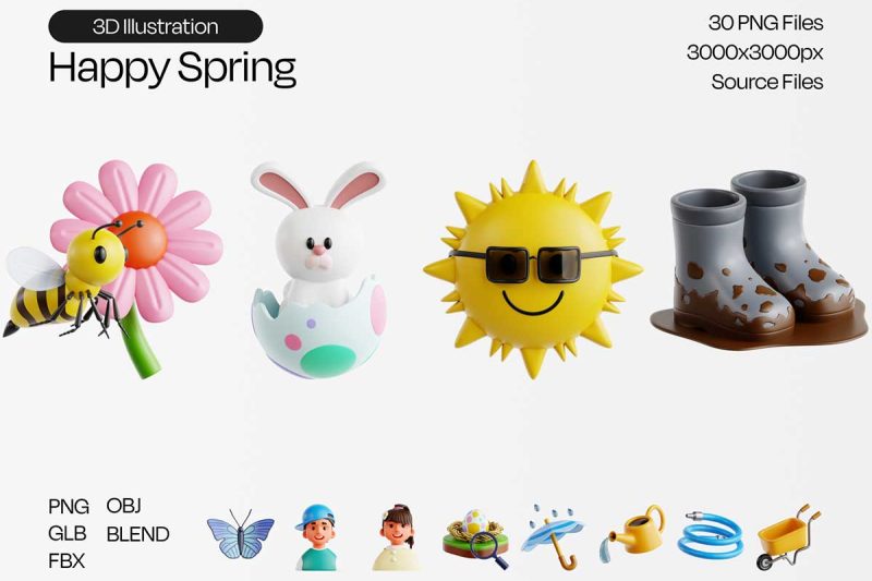 30个高品质卡通春天快乐主题图标3D模型素材(Blender,FBX/OBJ,PNG) Happy Spring 3D Icon Set