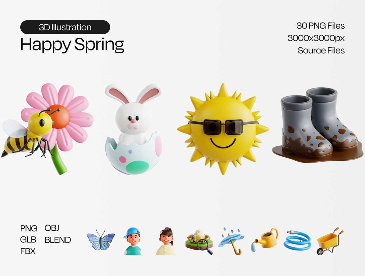 30个高品质卡通春天快乐主题图标3D模型素材(Blender,FBX/OBJ,PNG) Happy Spring 3D Icon Set
