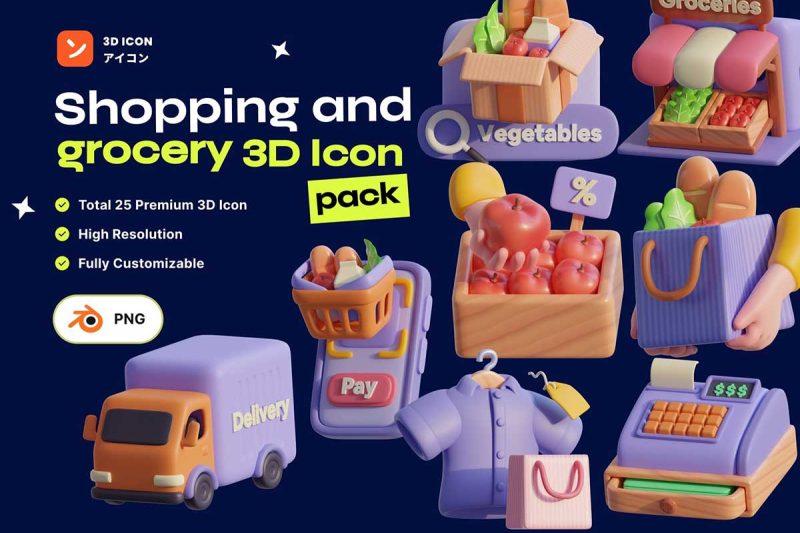 25种Blender高质量购物杂货送货3D图标模型素材(Blende,PNG) Shopping & Grocery 3D Icon Pack