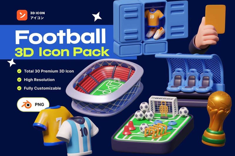 25个高品质卡通世界杯体育足球比赛3D图标模型素材(Blender,PNG) Football & Soccer 3D Icon Pack