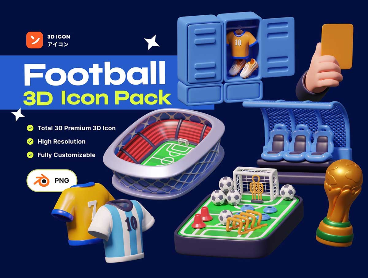 25个高品质卡通世界杯体育足球比赛3D图标模型素材(Blender,PNG) Football & Soccer 3D Icon Pack