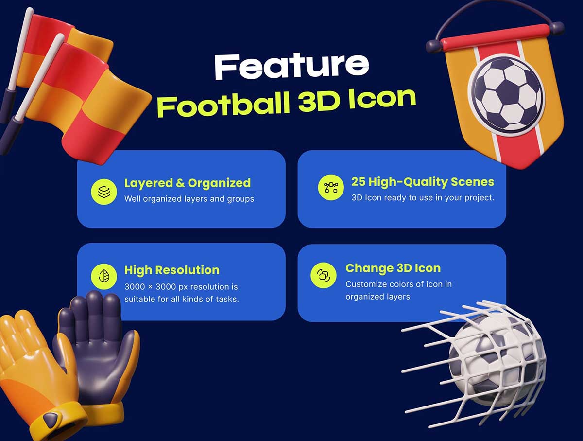 25个高品质卡通世界杯体育足球比赛3D图标模型素材(Blender,PNG) Football & Soccer 3D Icon Pack