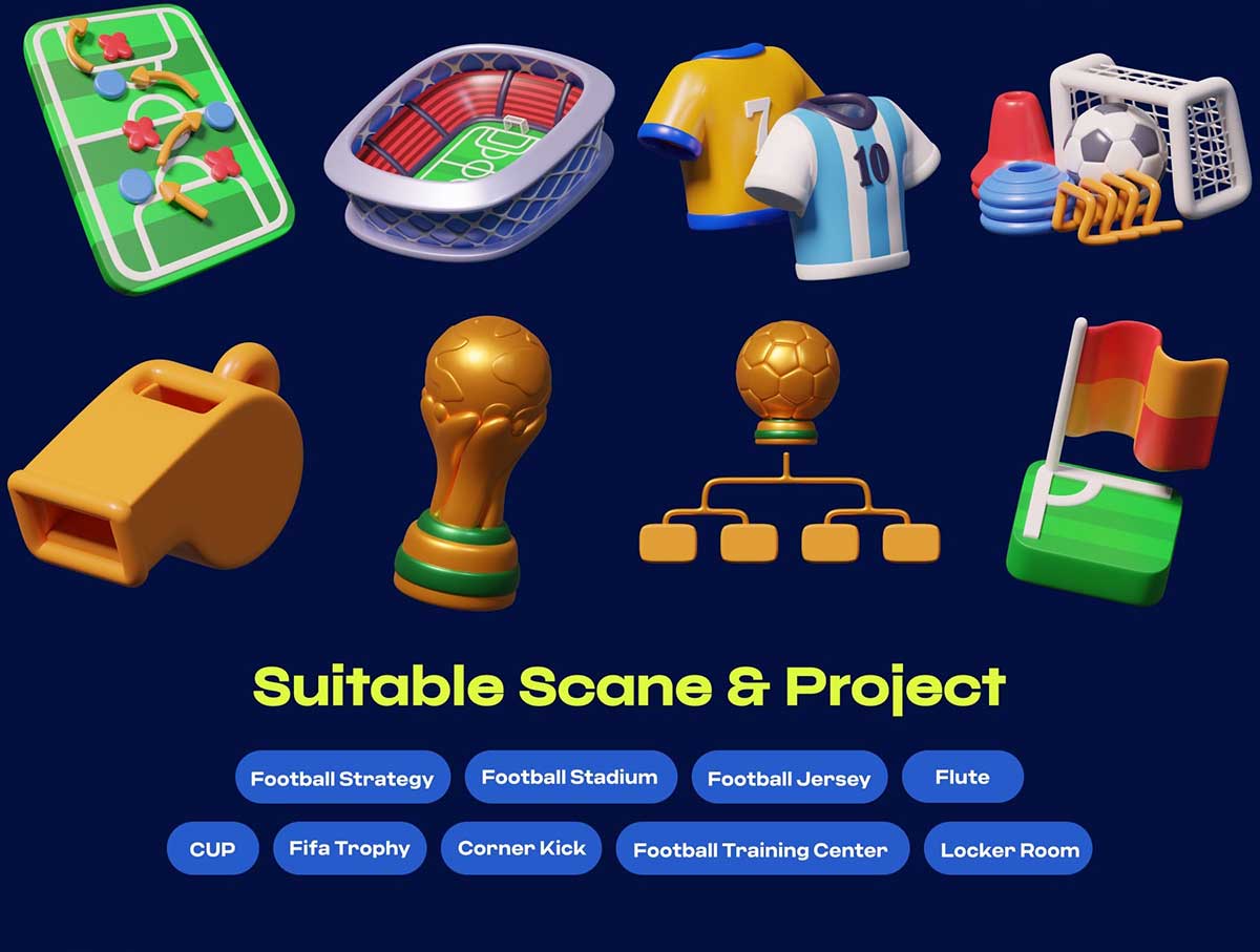 25个高品质卡通世界杯体育足球比赛3D图标模型素材(Blender,PNG) Football & Soccer 3D Icon Pack