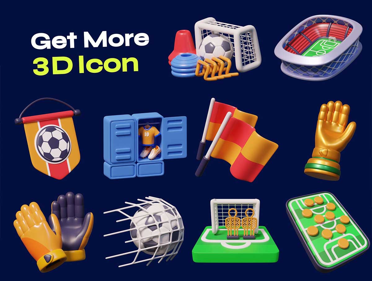 25个高品质卡通世界杯体育足球比赛3D图标模型素材(Blender,PNG) Football & Soccer 3D Icon Pack