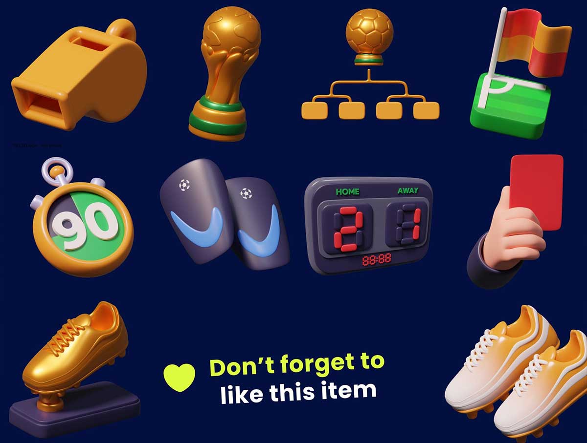 25个高品质卡通世界杯体育足球比赛3D图标模型素材(Blender,PNG) Football & Soccer 3D Icon Pack