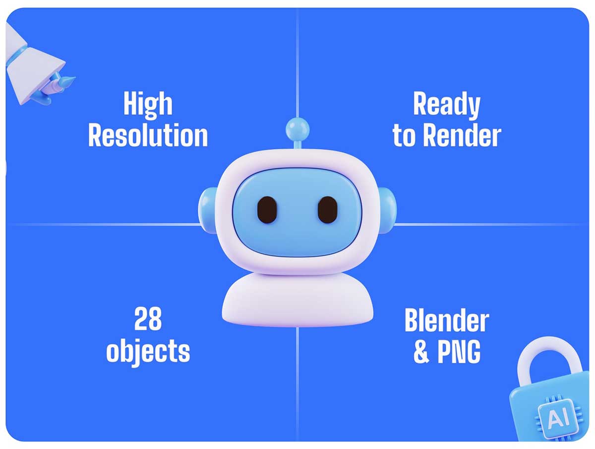 28个人工智能Ai主题图标3D模型素材下载(Blender,PNG) AI 3D Icons