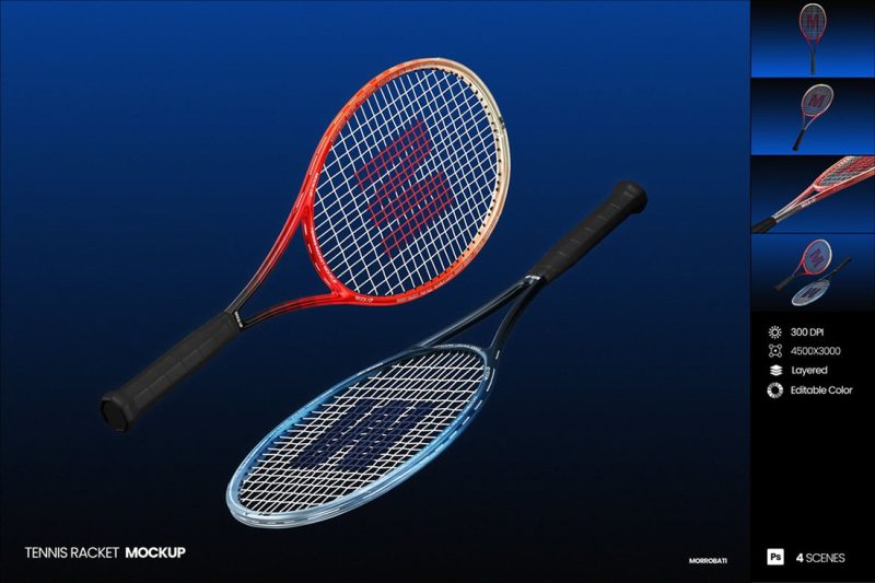 4个高质量vi设计展示网球拍样机PSD素材 Tennis Racket Mockup