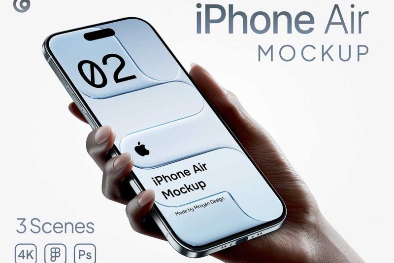 3种高质量手持苹果iPhone Air手机UI界面设计效果PSD素材 iPhone Air in Hand Mockup