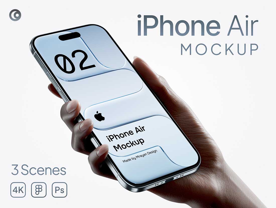 3种高质量手持苹果iPhone Air手机UI界面设计效果PSD素材 iPhone Air in Hand Mockup