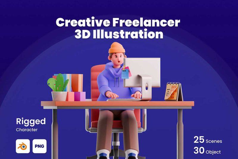 Blender卡通自由职业者插画插图3D模型素材(Blender,PNG)