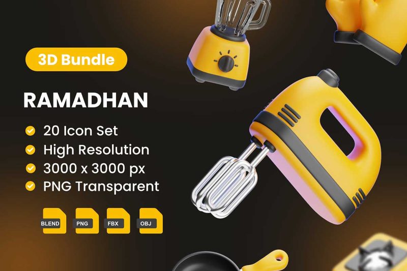 20个厨房套装图标3D模型素材下载(Blender,FBX,OBJ) Kitchen Set 3D Icons Packs