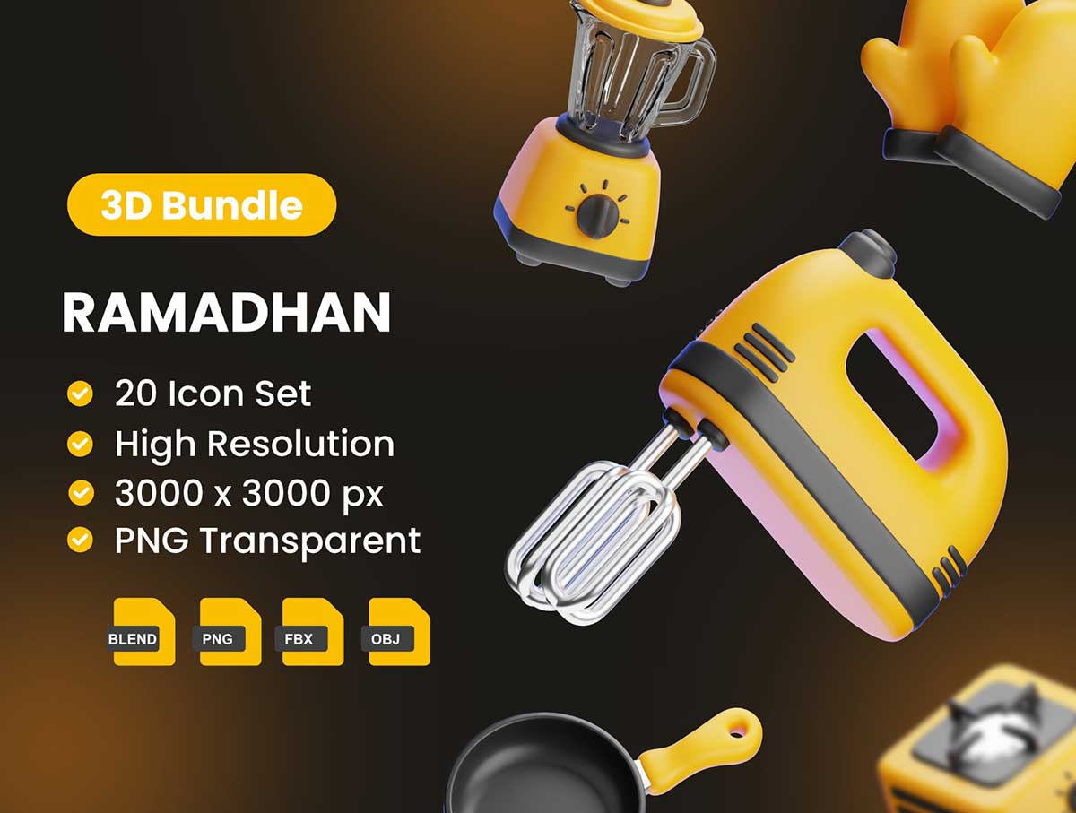 20个厨房套装图标3D模型素材下载(Blender,FBX,OBJ) Kitchen Set 3D Icons Packs
