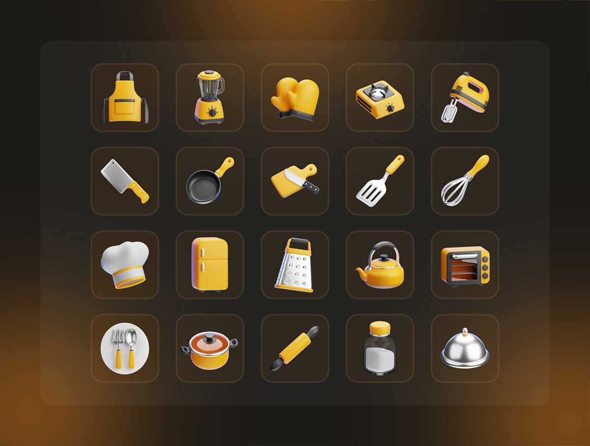 20个厨房套装图标3D模型素材下载(Blender,FBX,OBJ) Kitchen Set 3D Icons Packs