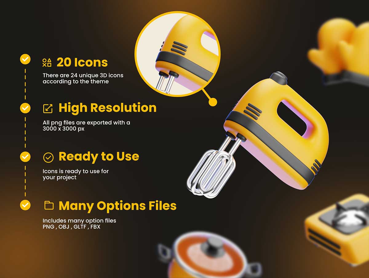 20个厨房套装图标3D模型素材下载(Blender,FBX,OBJ) Kitchen Set 3D Icons Packs