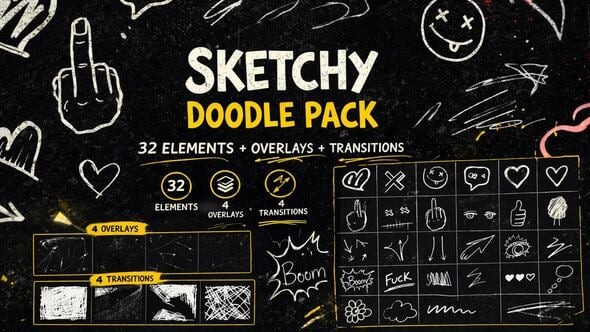 AE32个创意手绘涂鸦线条动画叠加素材模板 Doodle Hand Drawn Toolkit