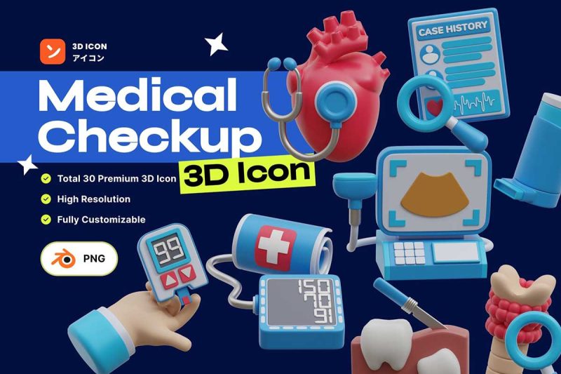 Blender医疗检查3D图标插画模型素材包下载(Blender, PNG) Medical Checkup 3D Icon Pack