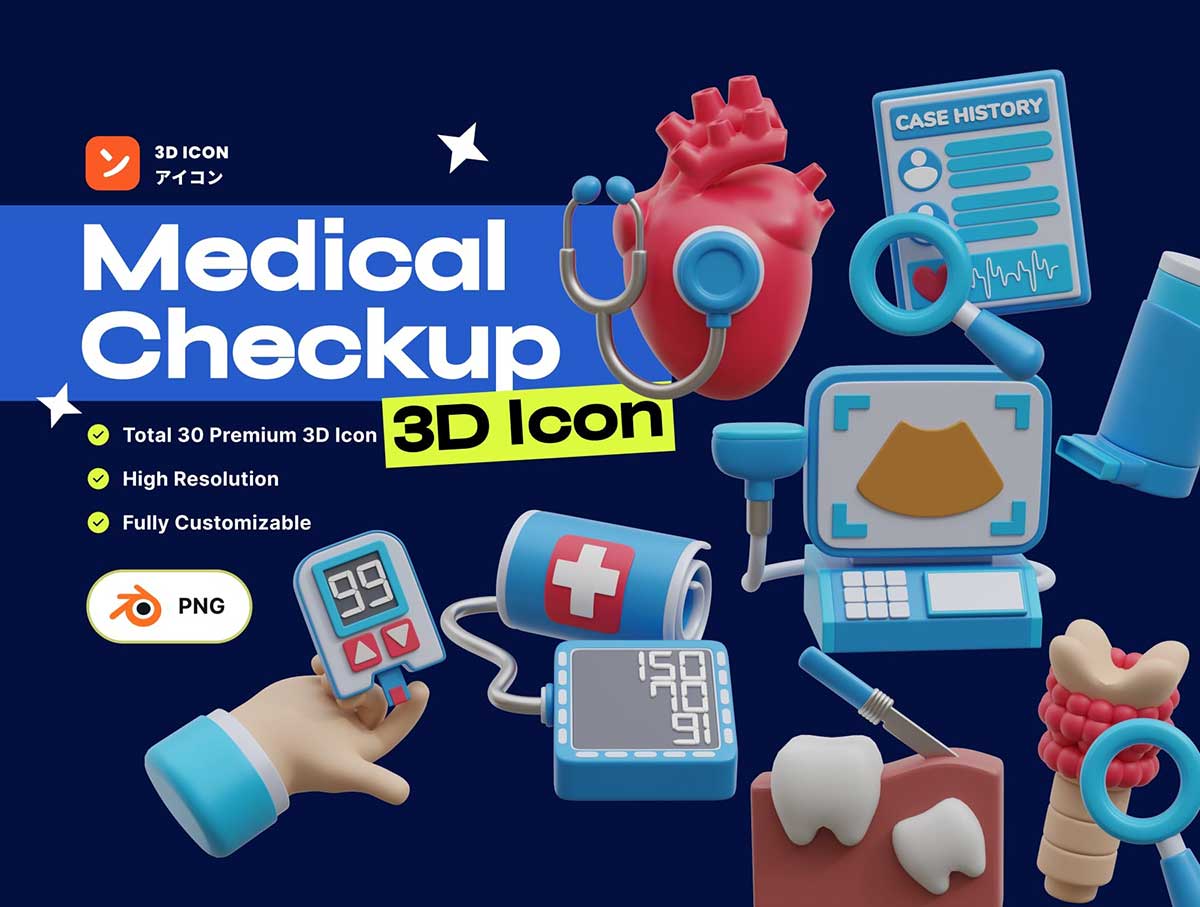 Blender医疗检查3D图标插画模型素材包下载(Blender, PNG) Medical Checkup 3D Icon Pack