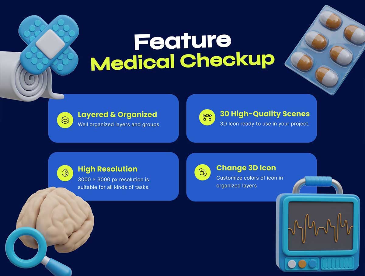 Blender医疗检查3D图标插画模型素材包下载(Blender, PNG) Medical Checkup 3D Icon Pack