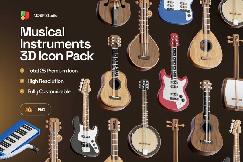 25款乐器3D图标模型素材下载(Blender,PNG) Musical Instruments 3D Icon Set
