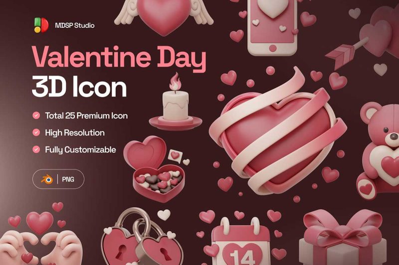25款七夕情人节心形爱心图标3D模型素材(Blender,PNG) Valentine Day 3D Icon Set