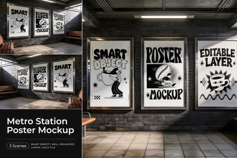 3个角度室内场景海报广告牌样机PSD素材 Metro Station Poster Mockup