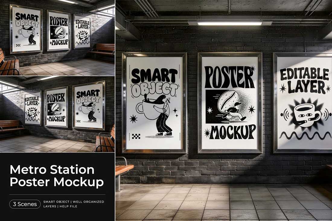 3个角度室内场景海报广告牌样机PSD素材 Metro Station Poster Mockup