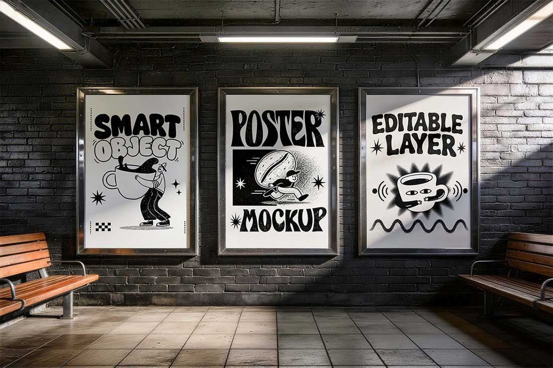 3个角度室内场景海报广告牌样机PSD素材 Metro Station Poster Mockup