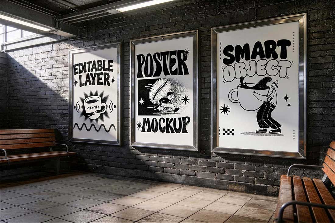 3个角度室内场景海报广告牌样机PSD素材 Metro Station Poster Mockup