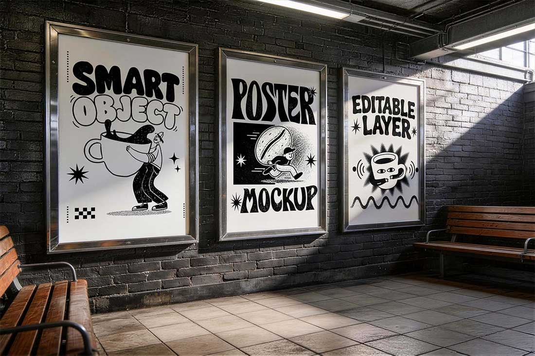 3个角度室内场景海报广告牌样机PSD素材 Metro Station Poster Mockup