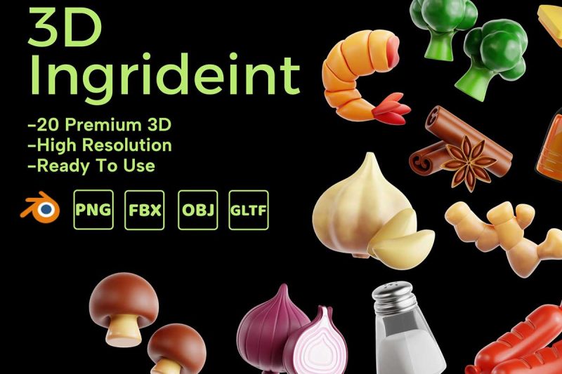 20个Blender卡通食物蔬菜图标3D模型素材下载(Blender,PNG) 20 Perfect 3D Ingredient Icon