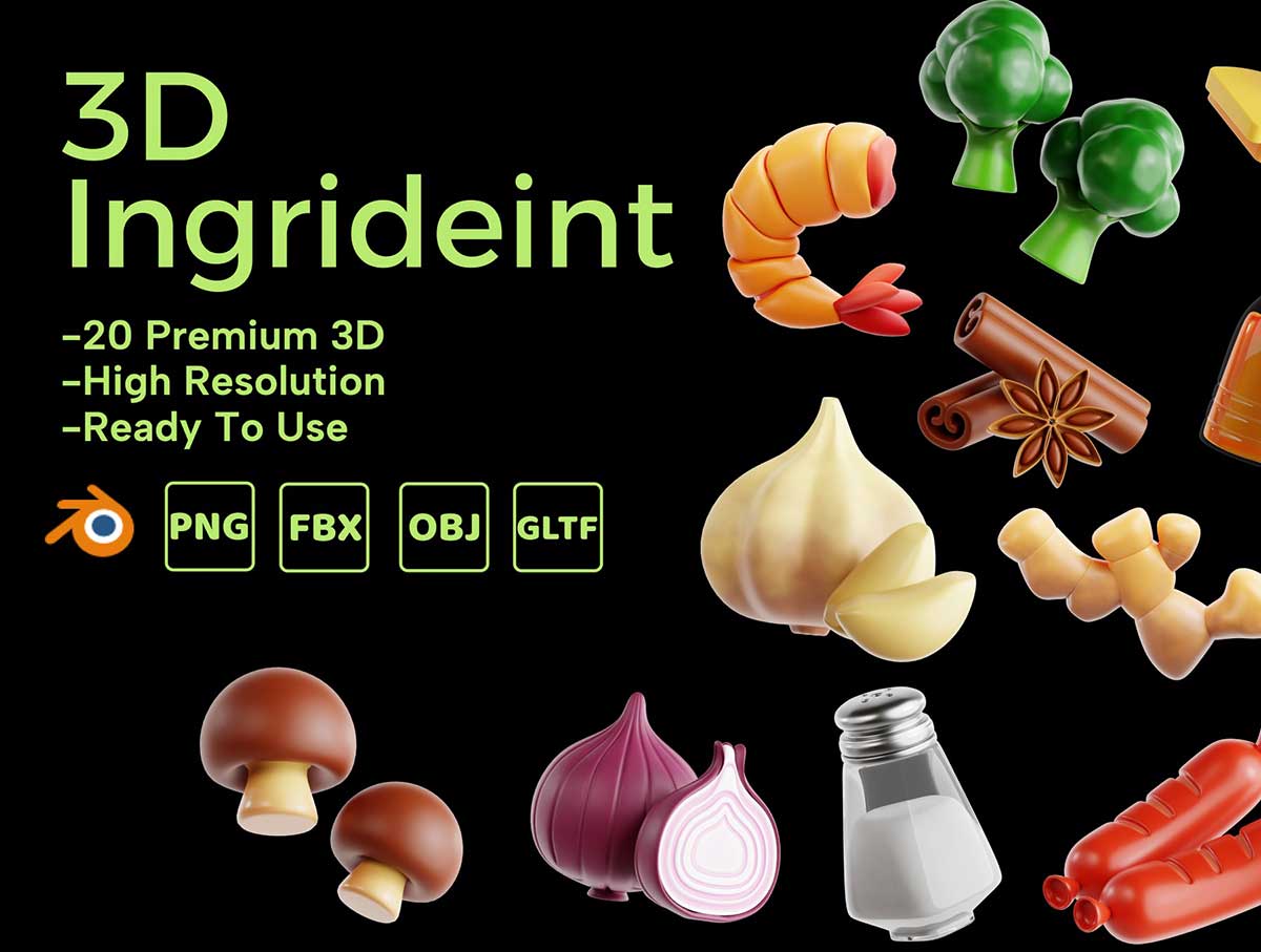 20个Blender卡通食物蔬菜图标3D模型素材下载(Blender,PNG) 20 Perfect 3D Ingredient Icon