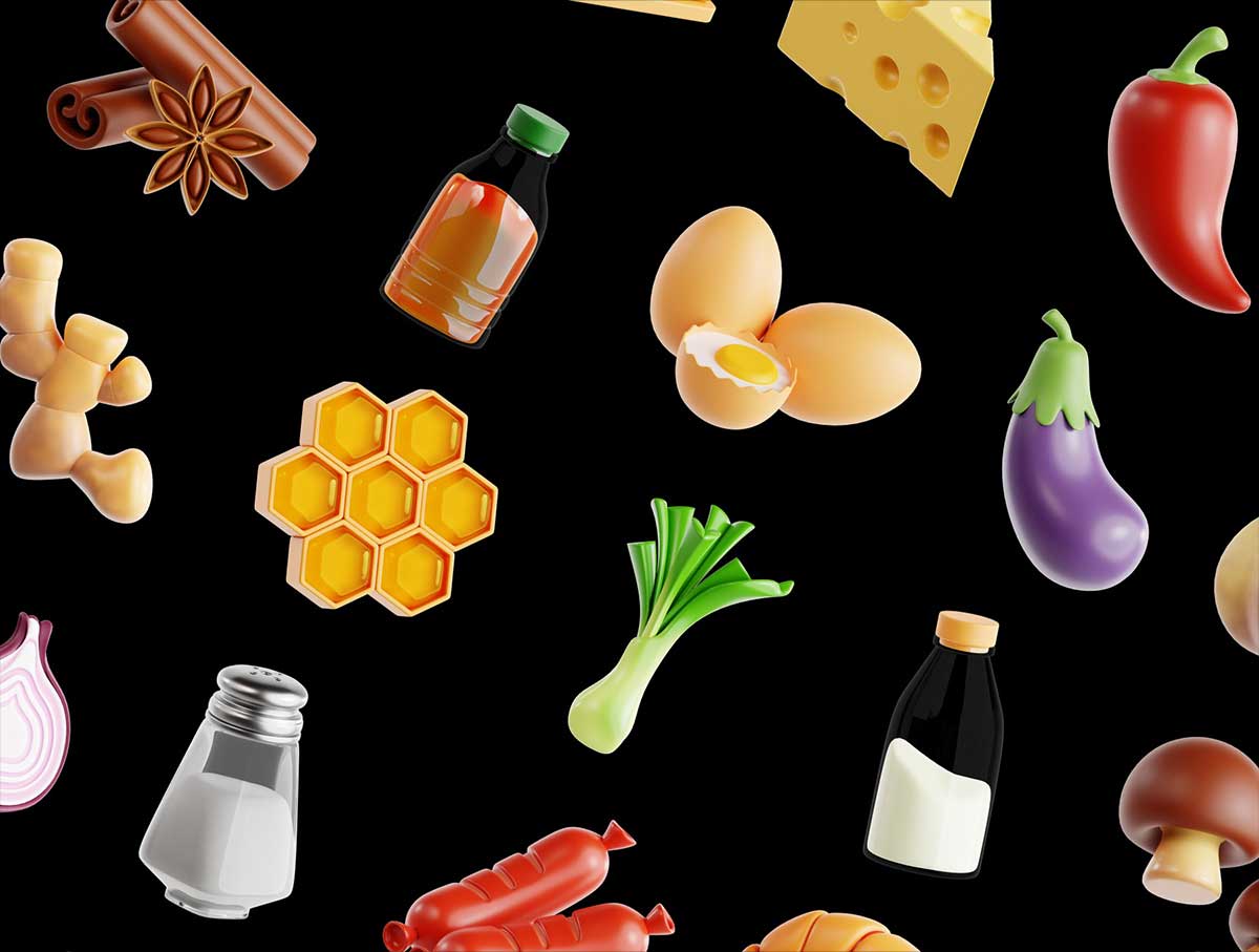 20个Blender卡通食物蔬菜图标3D模型素材下载(Blender,PNG) 20 Perfect 3D Ingredient Icon
