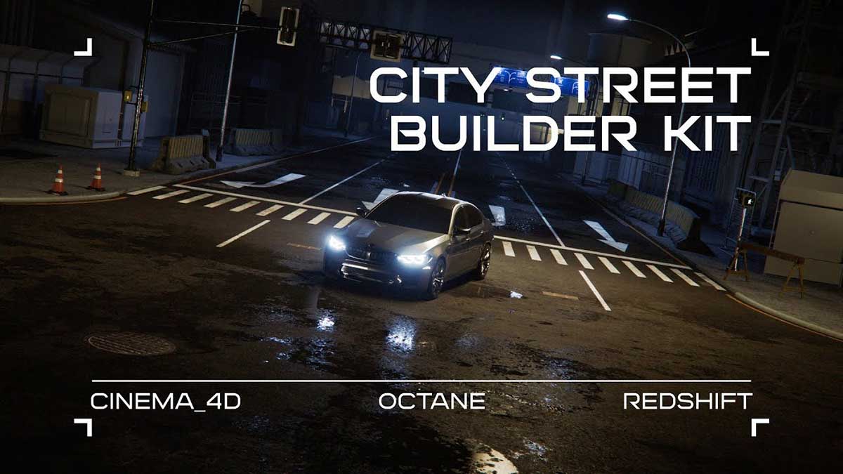 C4D城市街道路面马路资产预设 Сity Street Builder Kit