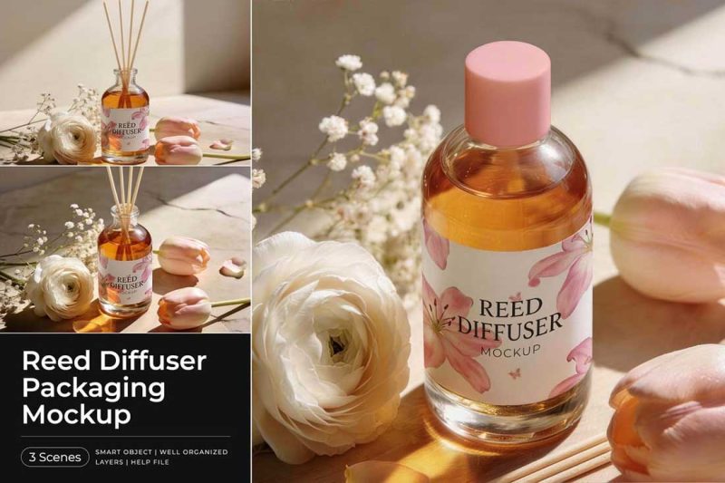 3款逼真花卉香薰瓶玻璃瓶包装设计样机PSD素材 Floral Reed Diffuser Packaging Mockup