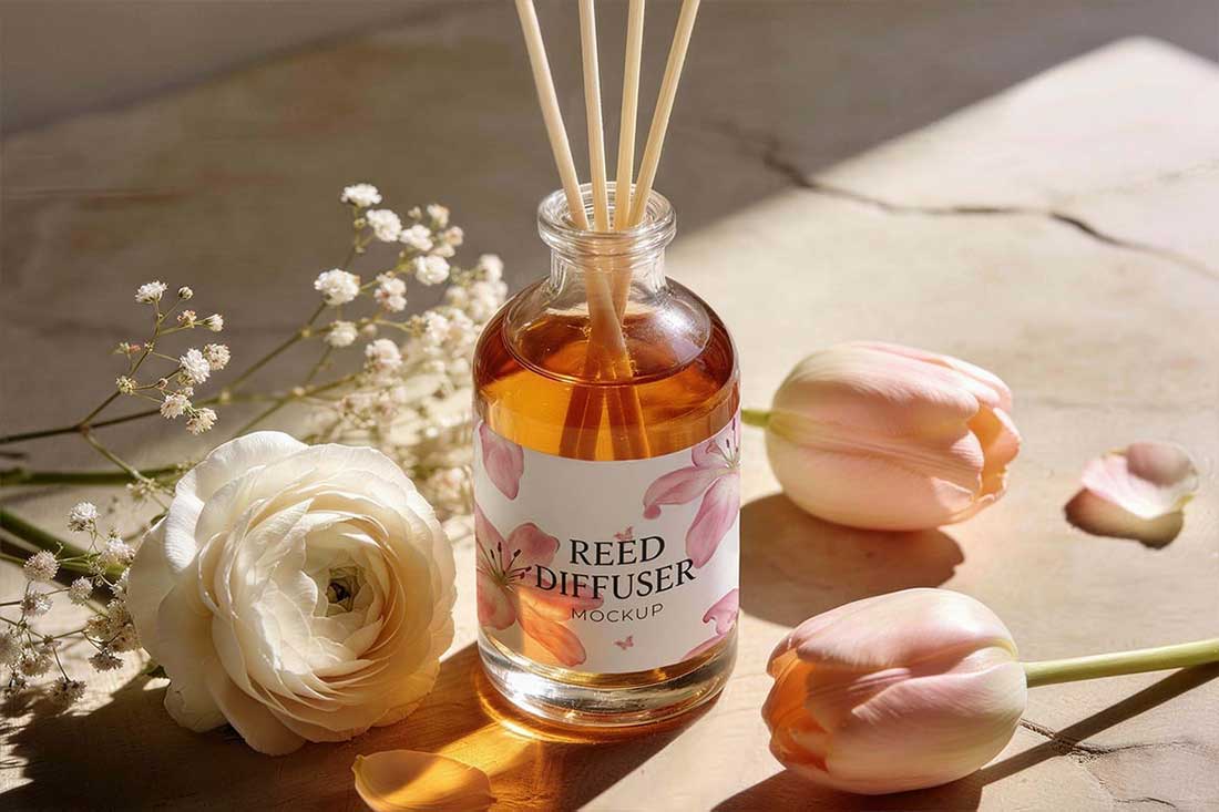 3款逼真花卉香薰瓶玻璃瓶包装设计样机PSD素材 Floral Reed Diffuser Packaging Mockup