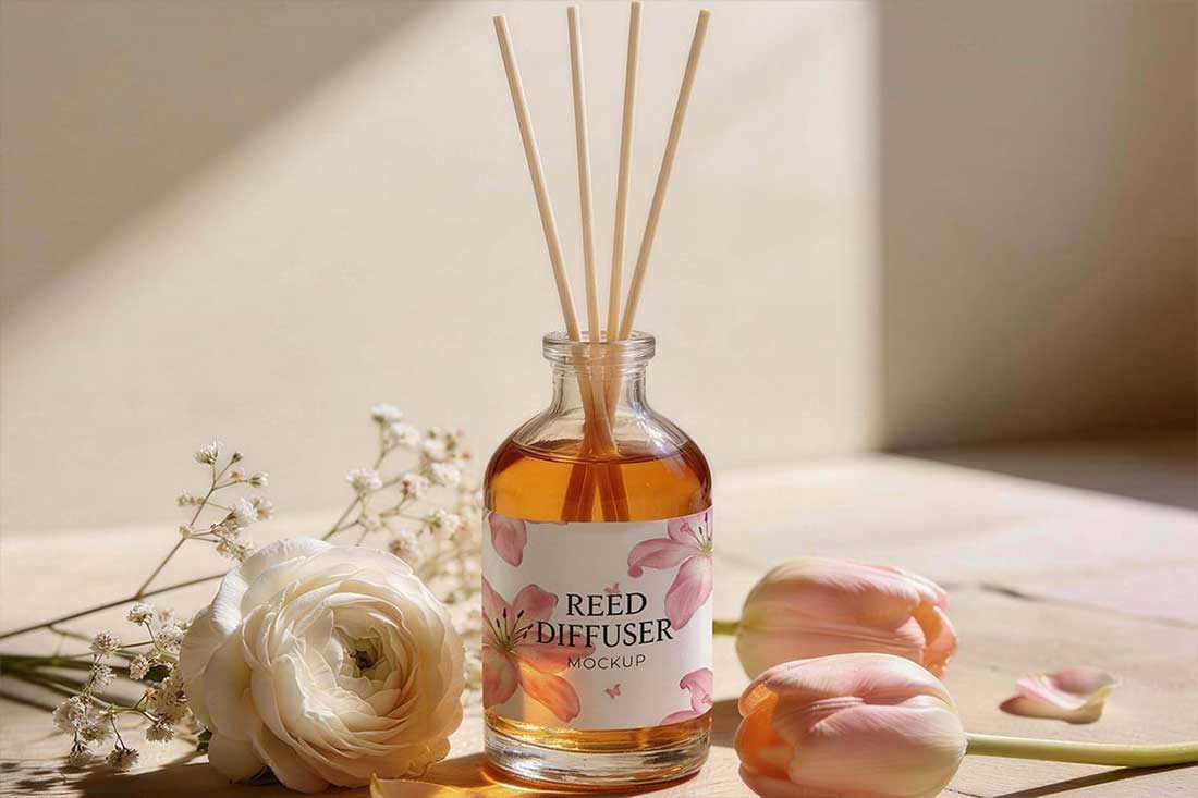 3款逼真花卉香薰瓶玻璃瓶包装设计样机PSD素材 Floral Reed Diffuser Packaging Mockup