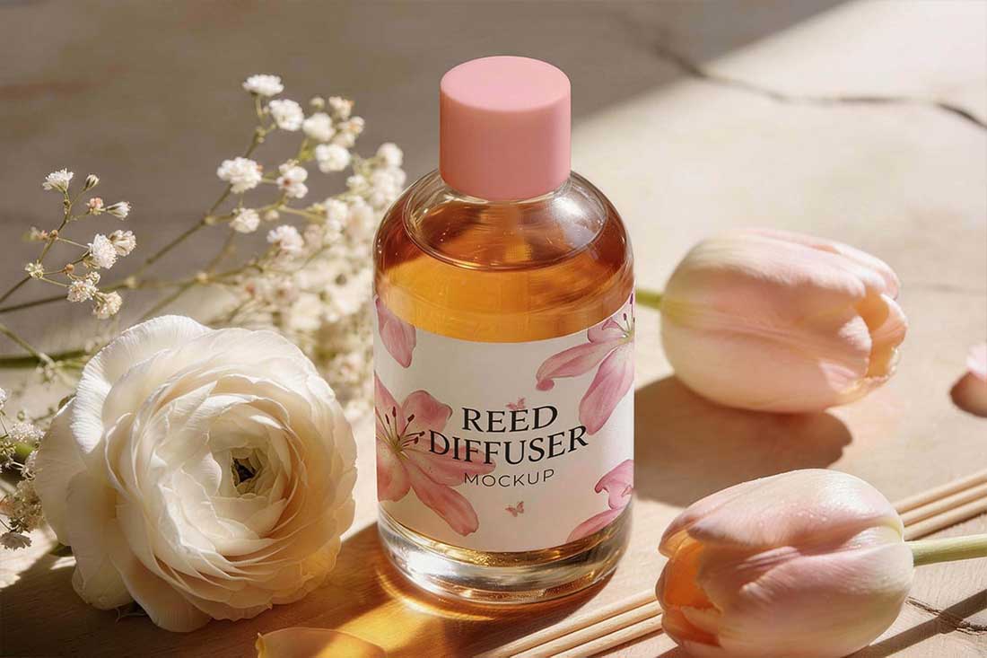 3款逼真花卉香薰瓶玻璃瓶包装设计样机PSD素材 Floral Reed Diffuser Packaging Mockup