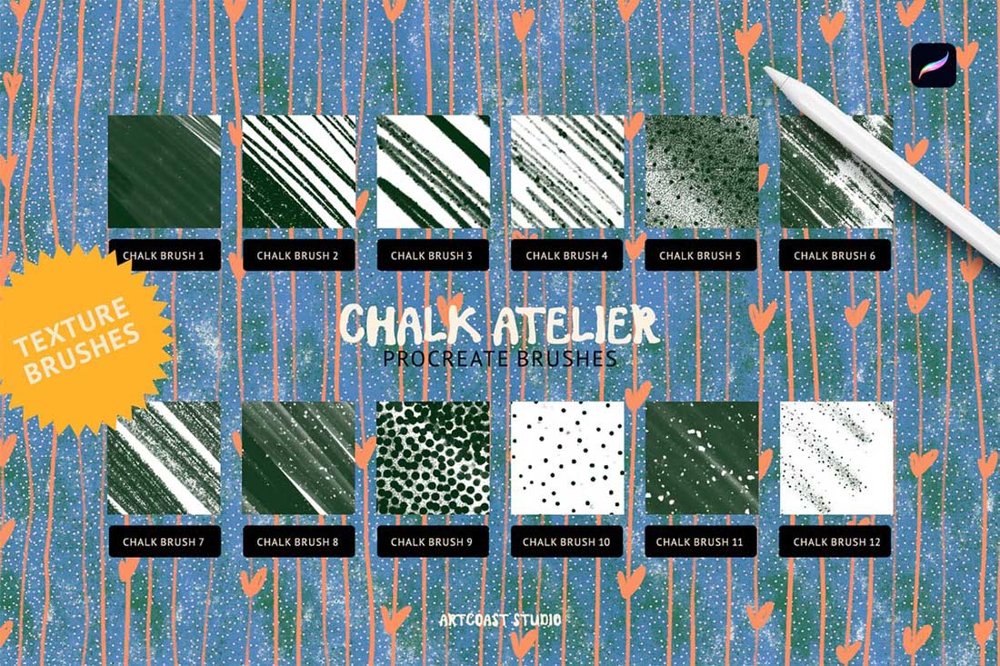 26个独特粉笔纹理手绘插画Procreate画笔笔刷设计素材 Chalk Atelier Procreate Brushes